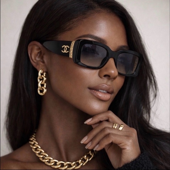 CHANEL Black and Gold Rectangular Sunglasses - Picture 11 of 11